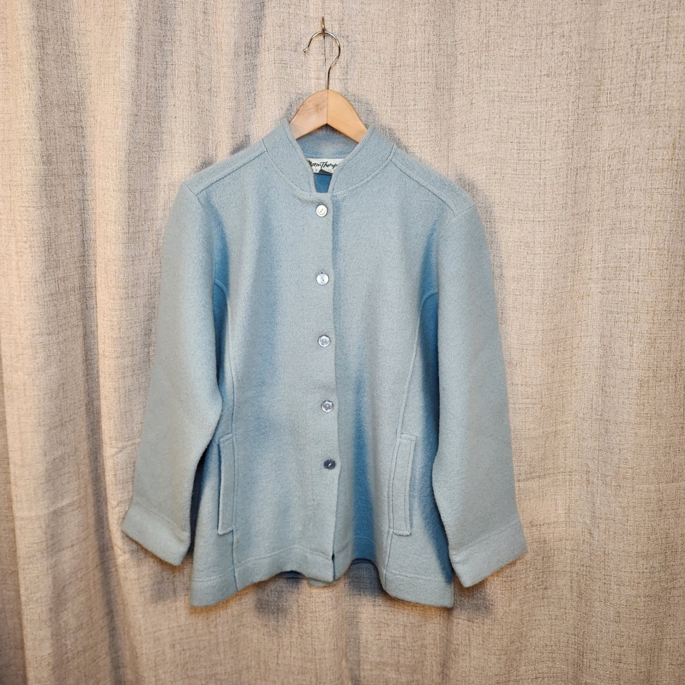VTG Norm Thompson Petite Button Up Jacket Womens PM Light Blue 100% Wool Pockets